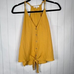 Byron Bay Mustard Yellow Tank Top Button/Tie Front Sleeveless Lagenlook Blouse M